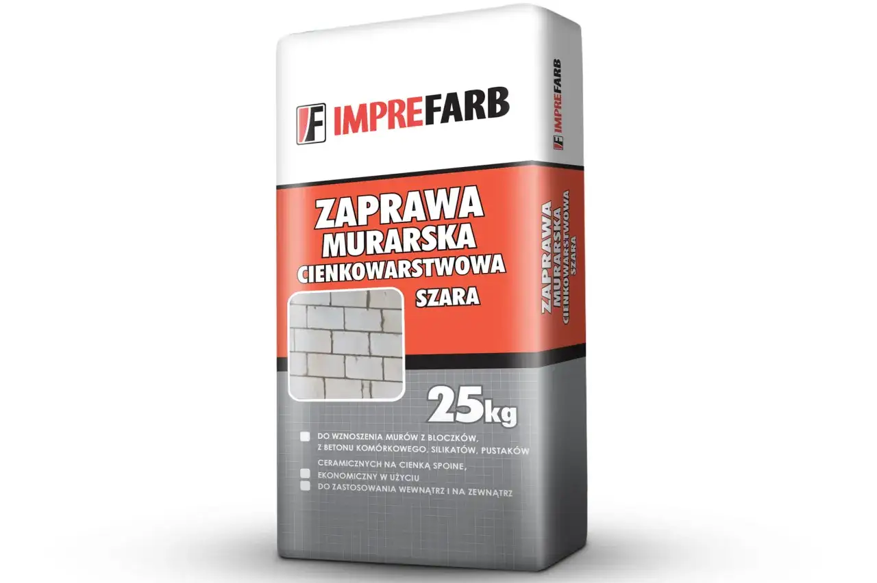 Imprefarb zaprawa cienkowarstwowa do gazobetonu, szara, 25kg. Idealna do murowania z bloczków, betonu komórkowego, silikatów.