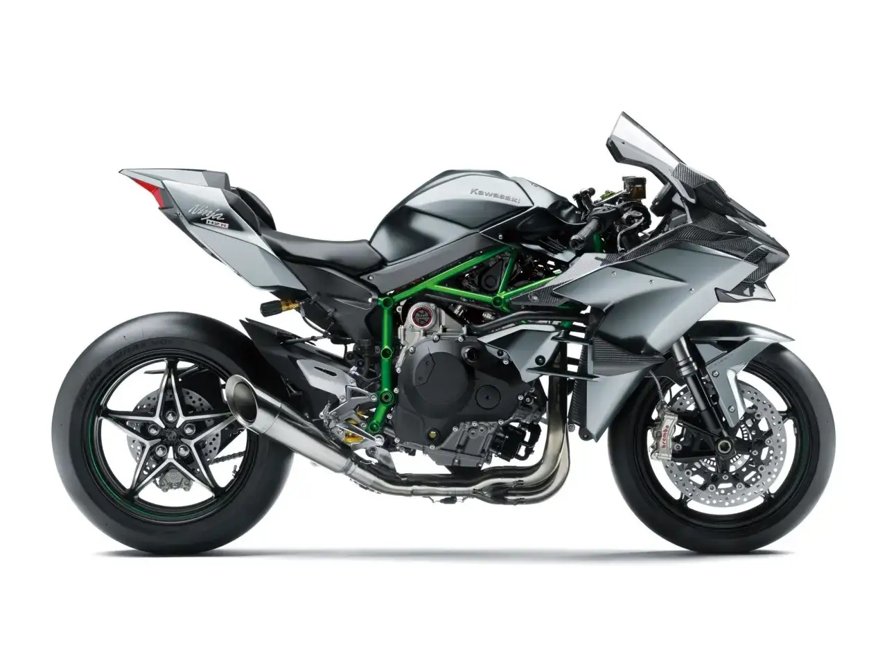 Kawasaki Ninja H2R, sportowy motocykl z zieloną ramą i srebrnymi panelami, gotowy do wyścigów.