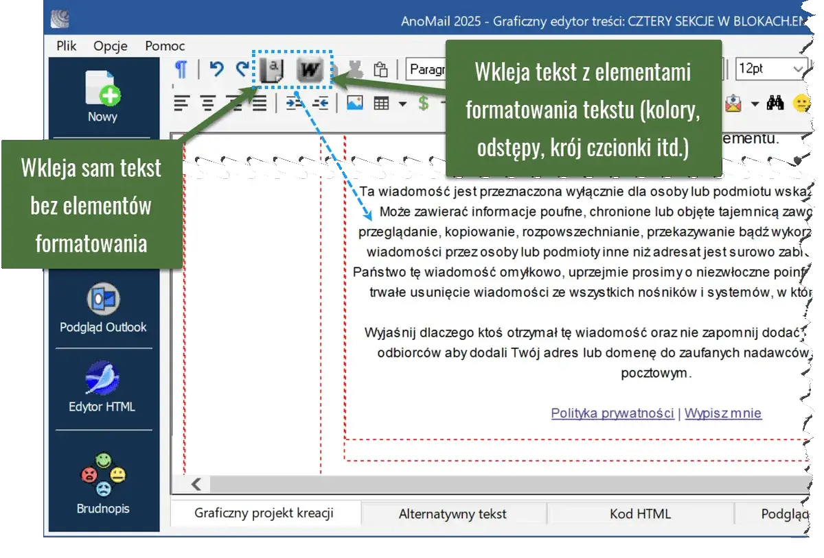 Wybór opcji wklejania tekstu: bez formatowania lub z elementami formatowania (kolory, odstępy, krój czcionki). To ułatwia zarządzanie skróty w grafiku pracy.