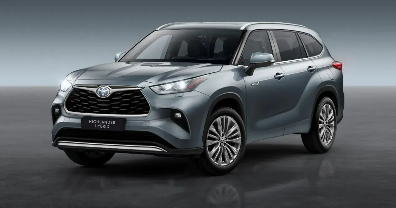 Szary Highlander Toyota Hybrid, nowoczesny SUV z eleganckim designem, gotowy na każdą podróż.
