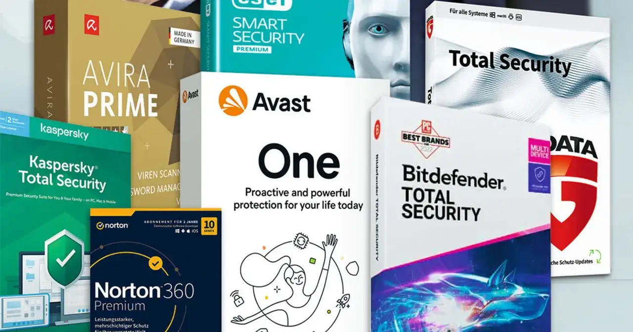 Pudełka programów antywirusowych: Avira Prime, Kaspersky Total Security, Avast One, Bitdefender Total Security, Norton 360 Premium.