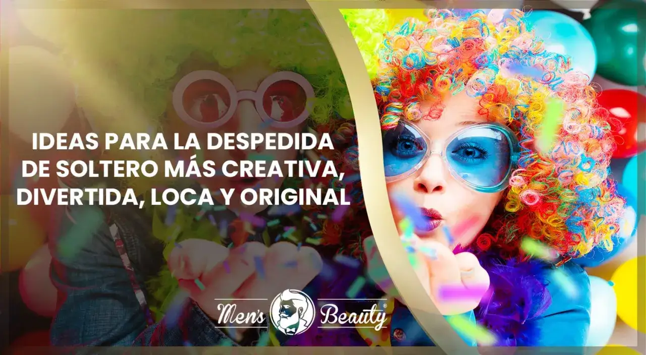 Dos personas con pelucas coloridas y gafas divertidas celebran, lanzando confeti. ¡Ideas para una despedida de soltero inolvidable!