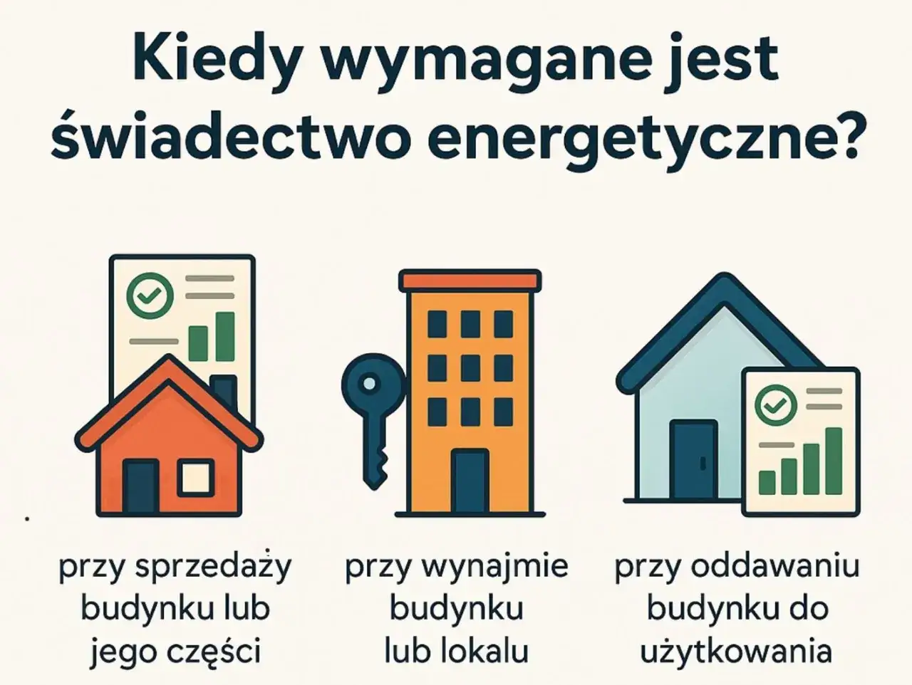 Świadectwo energetyczne budynku jest wymagane przy sprzedaży, wynajmie lub oddaniu budynku do użytkowania. Grafika pokazuje te sytuacje.