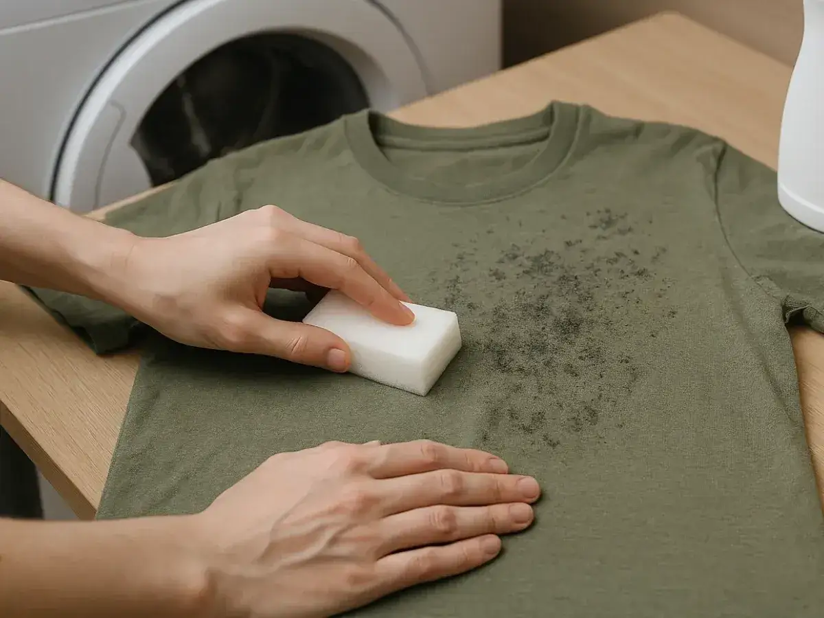 Manos frotando manchas negras en camiseta verde con esponja, cerca de una lavadora.