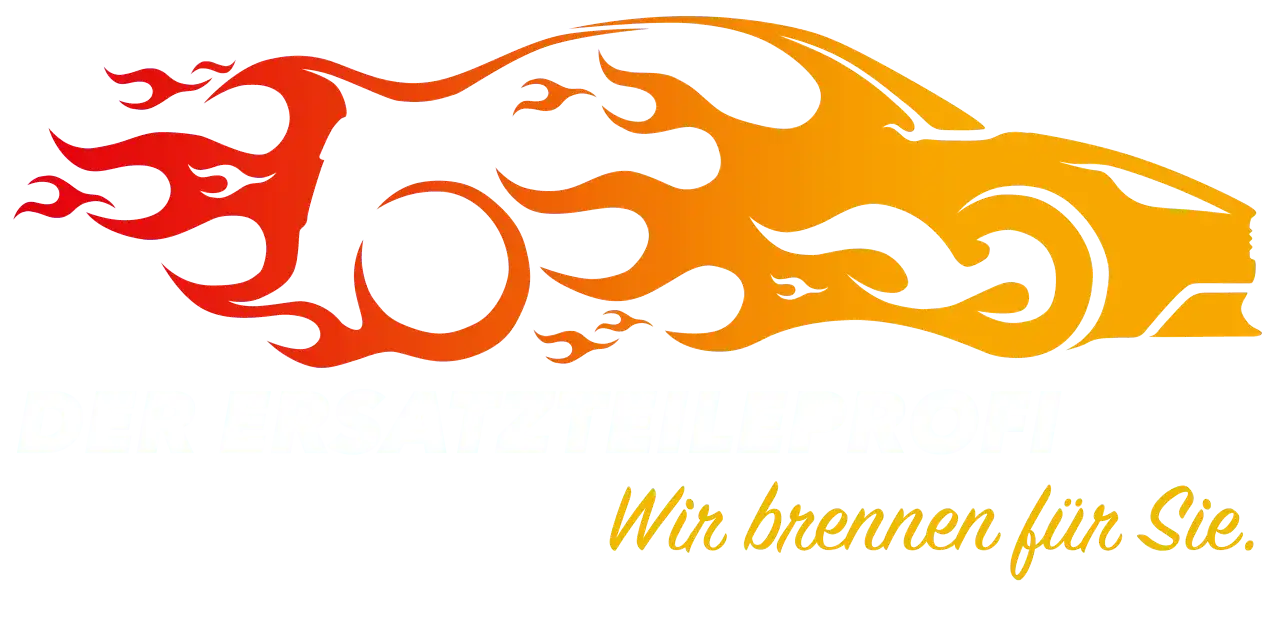 Logo mit einem Auto aus Flammen und dem Text "DER ERSATZTEILEPROFI. Wir brennen für Sie.