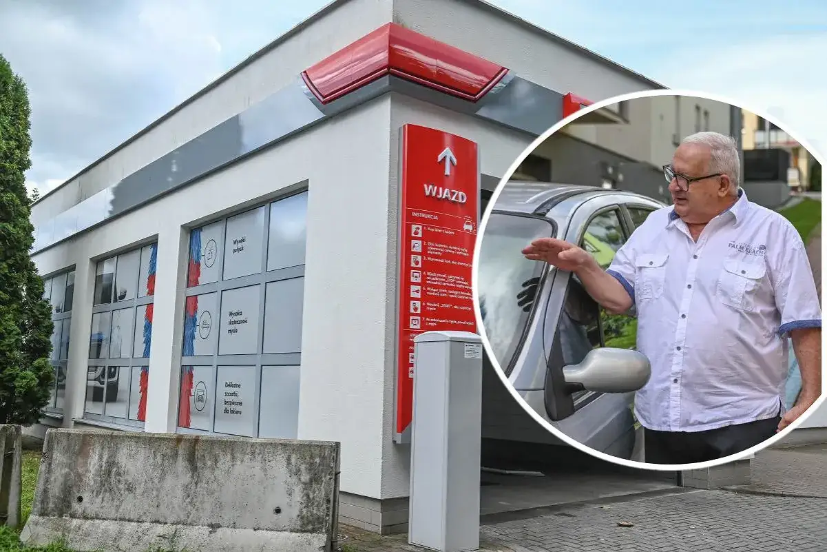 Starszy pan przy myjni Orlen. Zastanawia się, ile kosztuje myjnia premium na Orlenie, by jego auto lśniło.