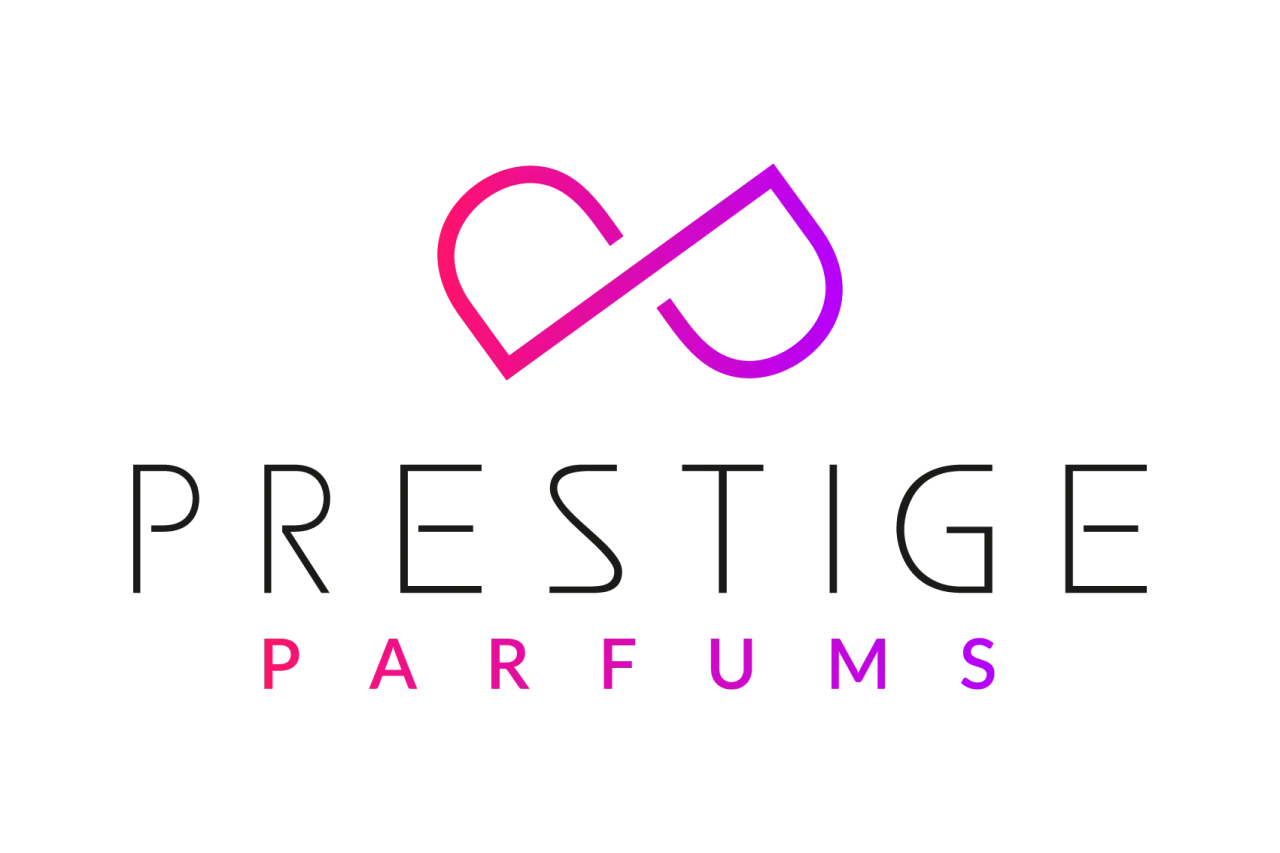 Logo luksusowe marki Prestige Parfums. Symbol nieskończoności w gradientach różu i fioletu nad napisem.