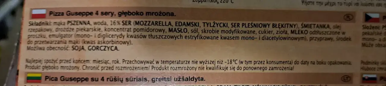Fragment opakowania pizzy Giuseppe 4 sery z widocznymi składnikami i flagą Polski.