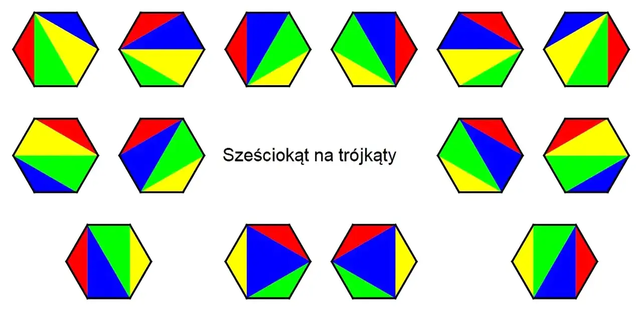 Sześciokąty podzielone na kolorowe trójkąty. Różne kombinacje brył geometrycznych.