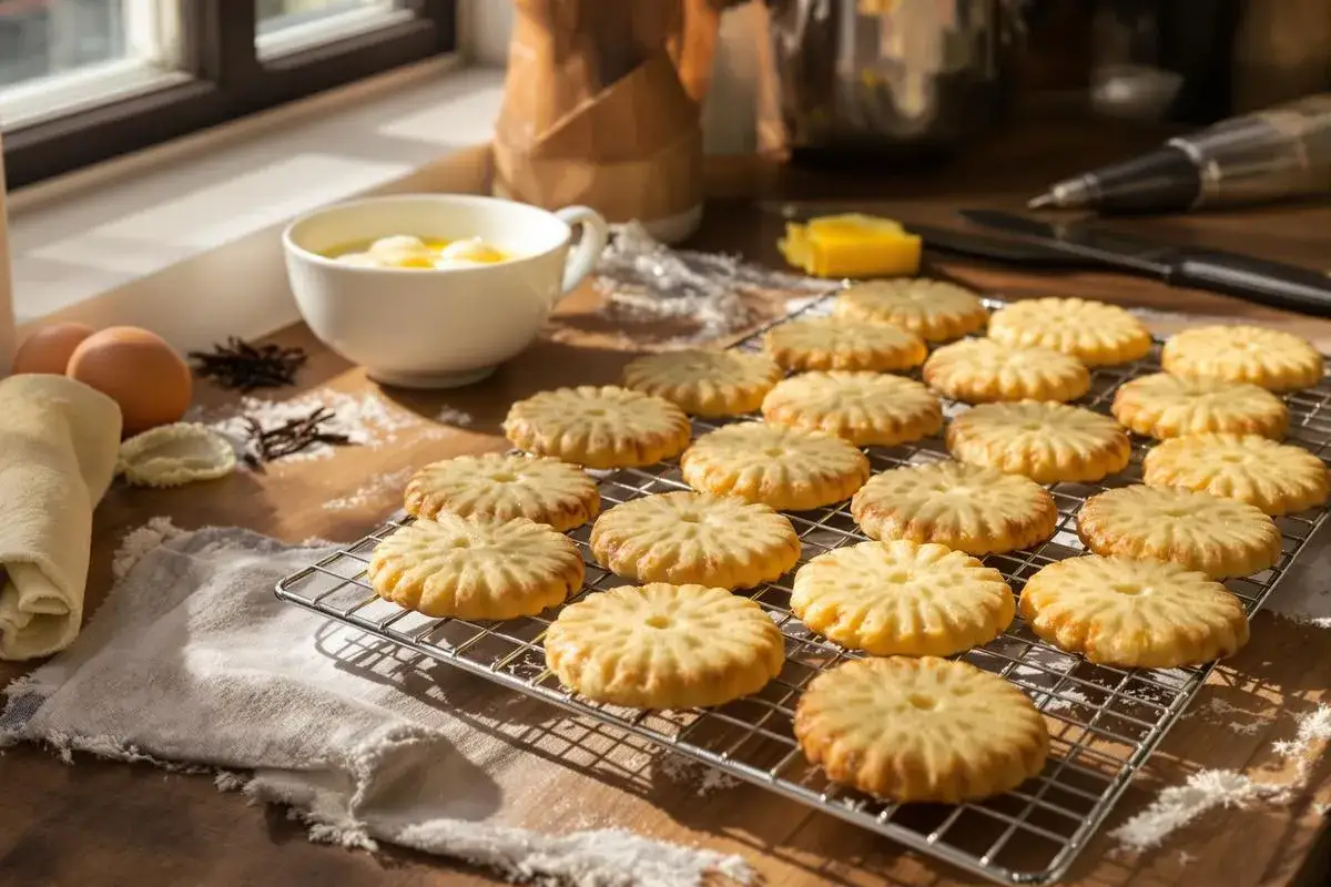 Délicieux biscuit avec blanc d'oeuf uniquement, parsemé de farine sur une grille. Des ingrédients frais sont prêts pour la pâtisserie.