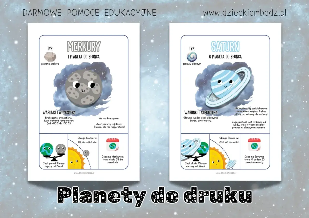 Karty pracy kosmos: Merkury i Saturn. Urocze planety z informacjami o ich atmosferze, odległości od Słońca i czasie obiegu.