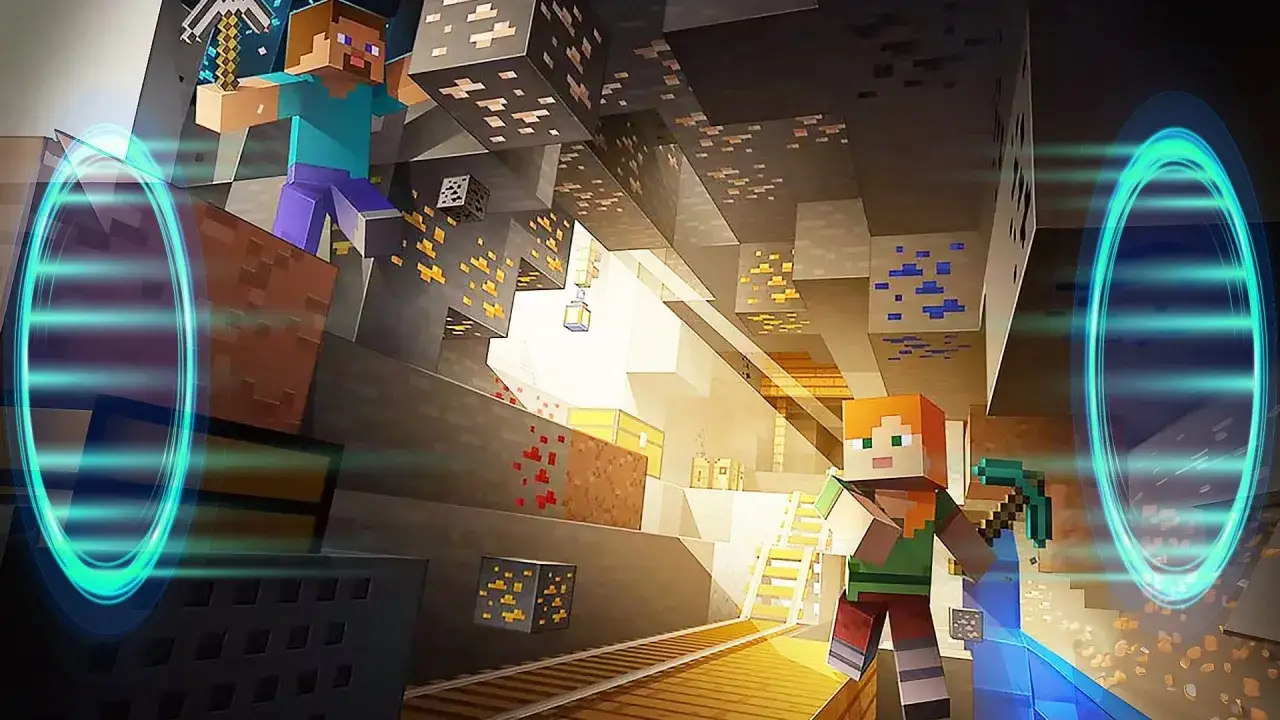 Steve i Alex w kopalni, otoczeni przez rudy i skrzynie, przygotowują się do przygody z modami na serwer Minecraft.