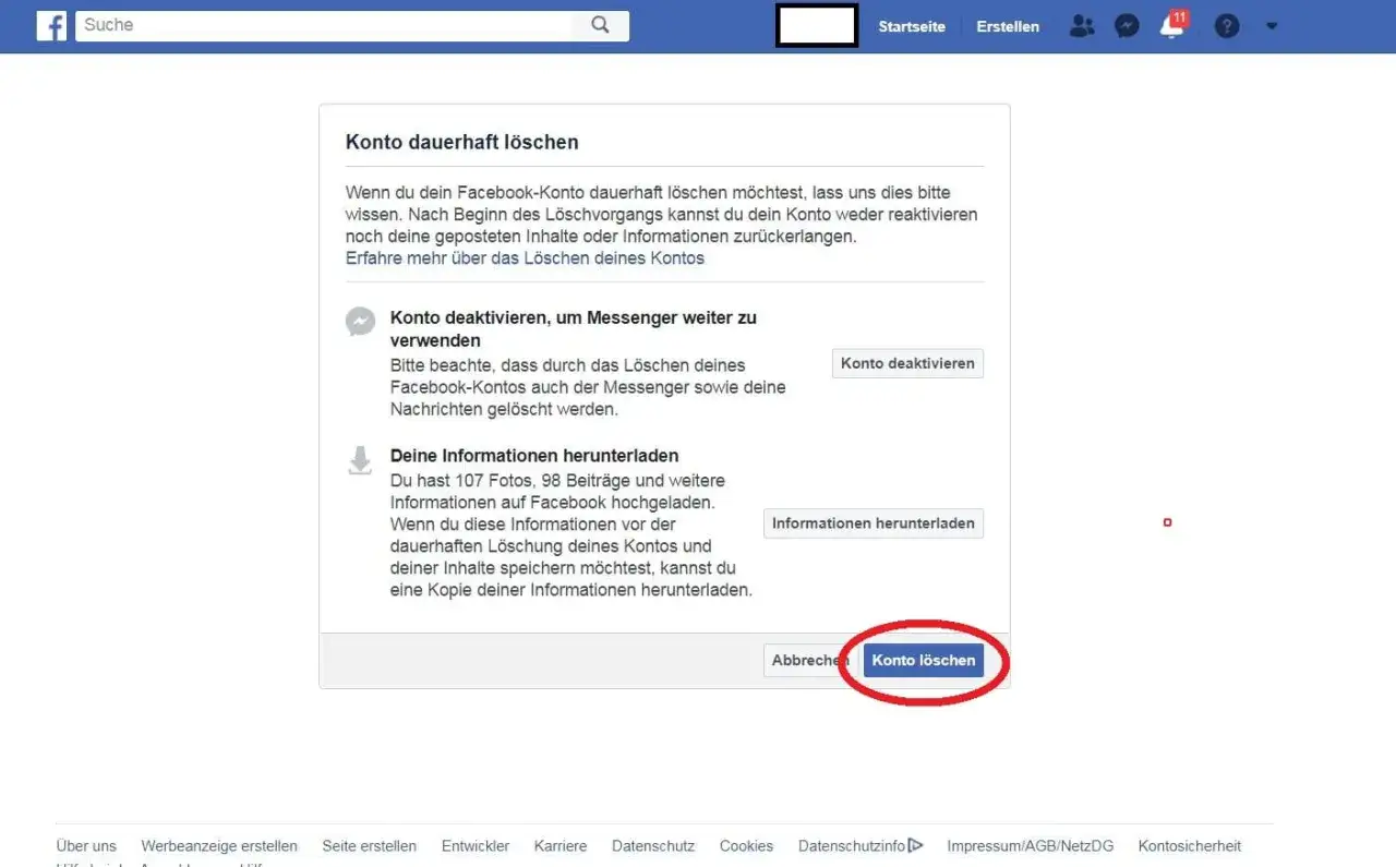 Facebook-Seite mit Optionen zum dauerhaften Löschen oder Deaktivieren des Kontos und zum Herunterladen von Daten.