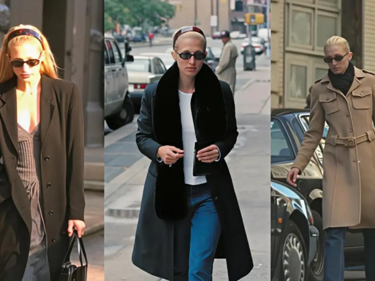 Carolyn Bessette-Kennedy pasea por la ciudad con estilo, luciendo abrigos elegantes y gafas de sol.