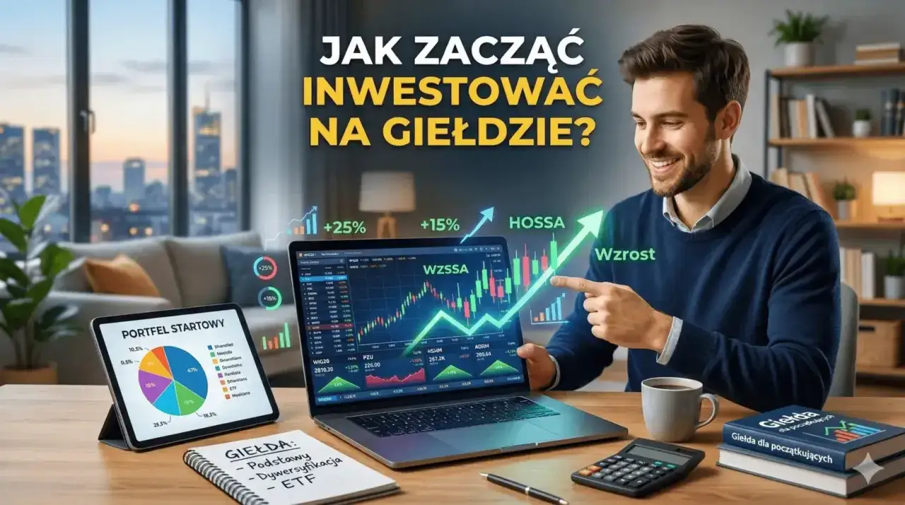 Mężczyzna wskazuje na wykres wzrostu na laptopie, obok tablet z wykresem kołowym i notatnik.