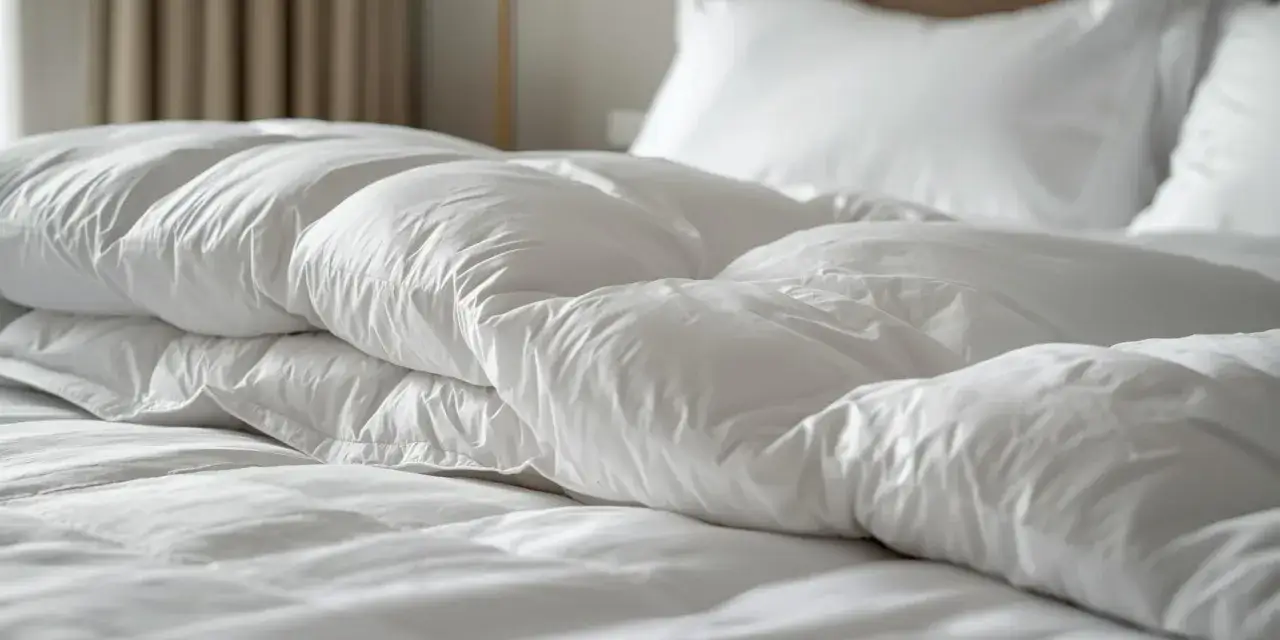 Biała, puszysta kołdra i poduszki na hotelowym łóżku.