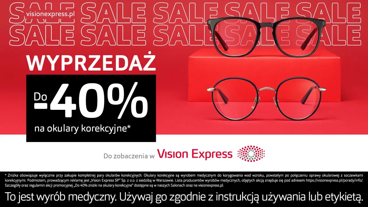 Dwa modele okularów korekcyjnych na czerwonym tle z napisem "WYPRZEDAŻ" i "Do 40%".