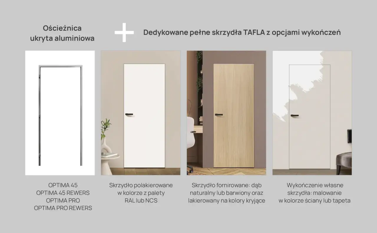 Ościeżnica ukryta aluminiowa i skrzydła drzwiowe TAFLA: lakierowane, fornirowane, malowane pod kolor ściany.