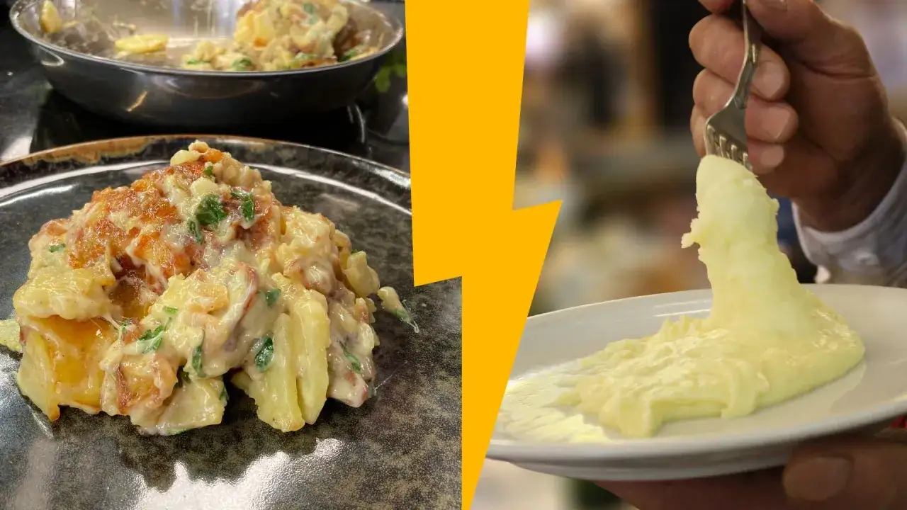 Un plat typique auvergnat : pommes de terre sautées et crémeuses, servies avec une purée onctueuse.