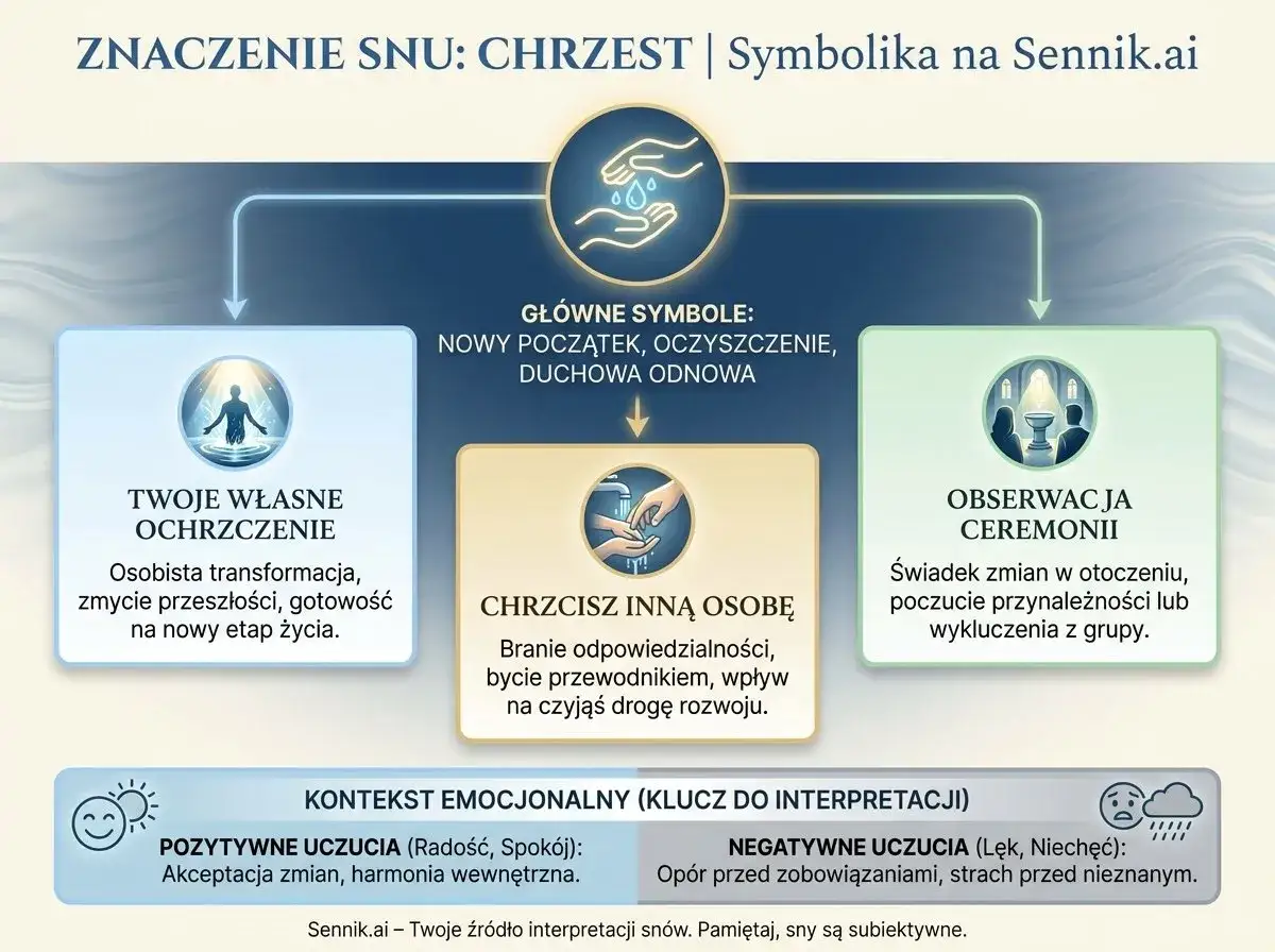 Co to jest chrzest święty we śnie? Symbolizuje nowy początek, oczyszczenie i duchową odnowę. Może oznaczać osobistą transformację lub branie odpowiedzialności za innych.