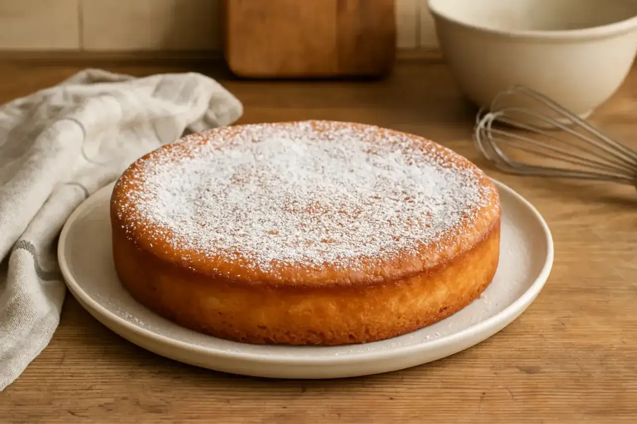 Gâteau lorrain saupoudré de sucre glace, prêt à être dégusté. Un délice pour un repas convivial.