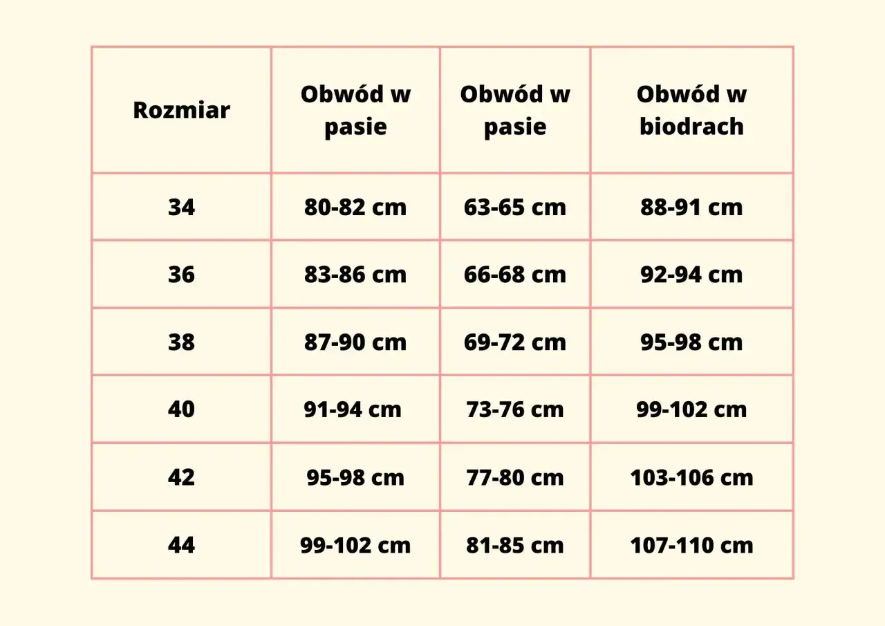 Tabela rozmiarów odzieży. Rozmiar 44 odpowiada obwodowi w pasie 99-102 cm i w biodrach 107-110 cm.
