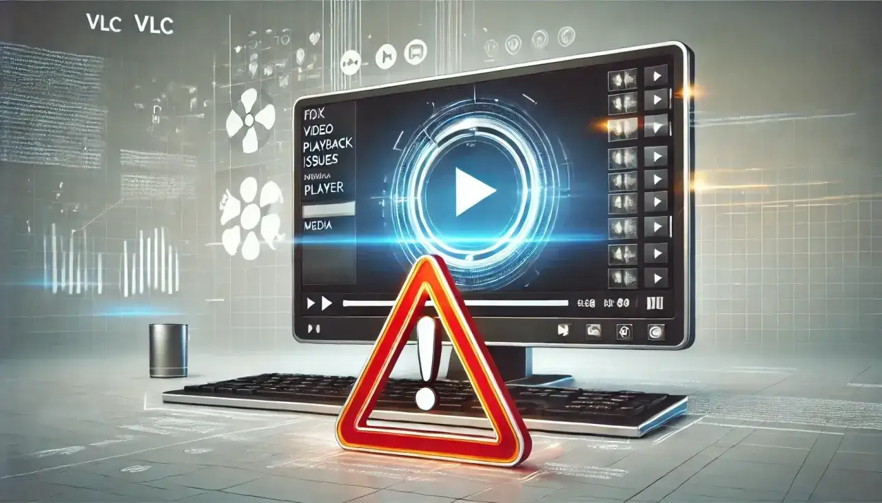 Monitor z odtwarzaczem wideo, przycisk odtwarzania i znak ostrzegawczy.