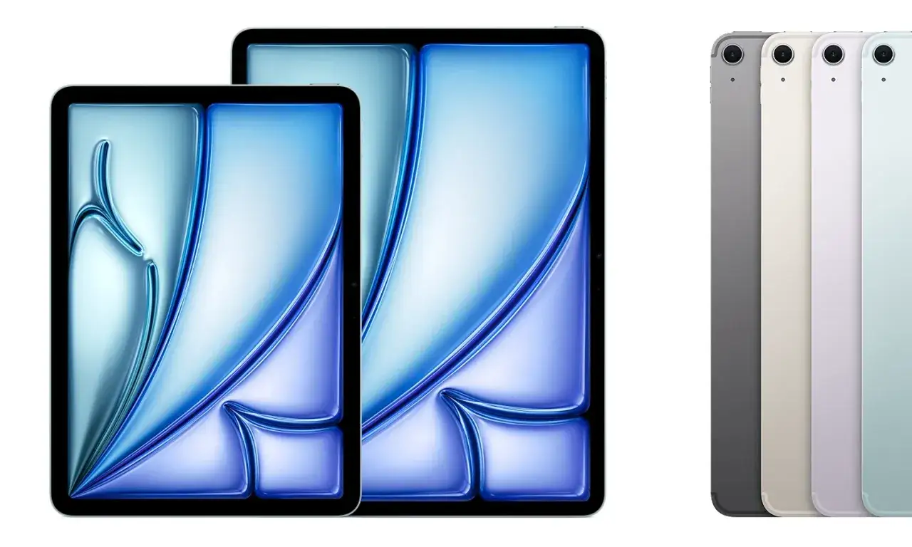 Zwei iPads in verschiedenen Größen mit blau-violettem Hintergrund und vier iPads in verschiedenen Farben nebeneinander.