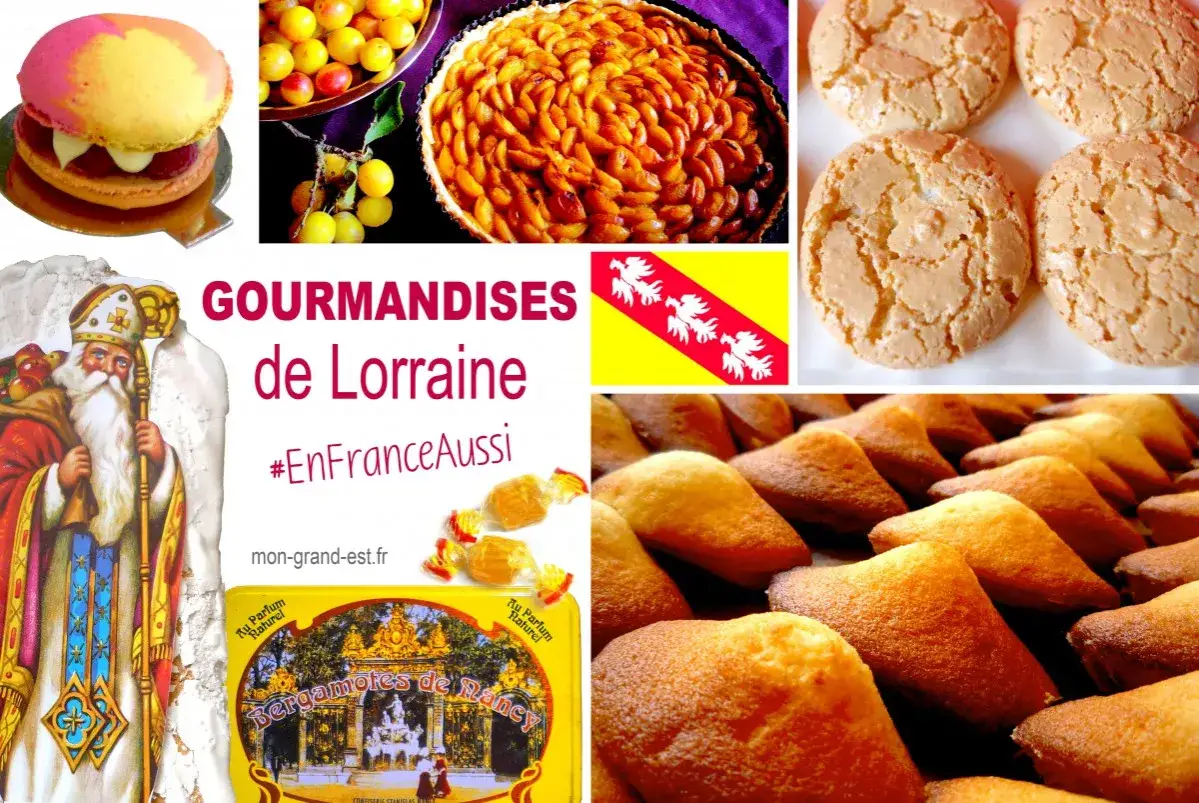 Collage de douceurs lorraines : macaron, tarte aux fruits, meringues, madeleines, bonbons et Saint-Nicolas.