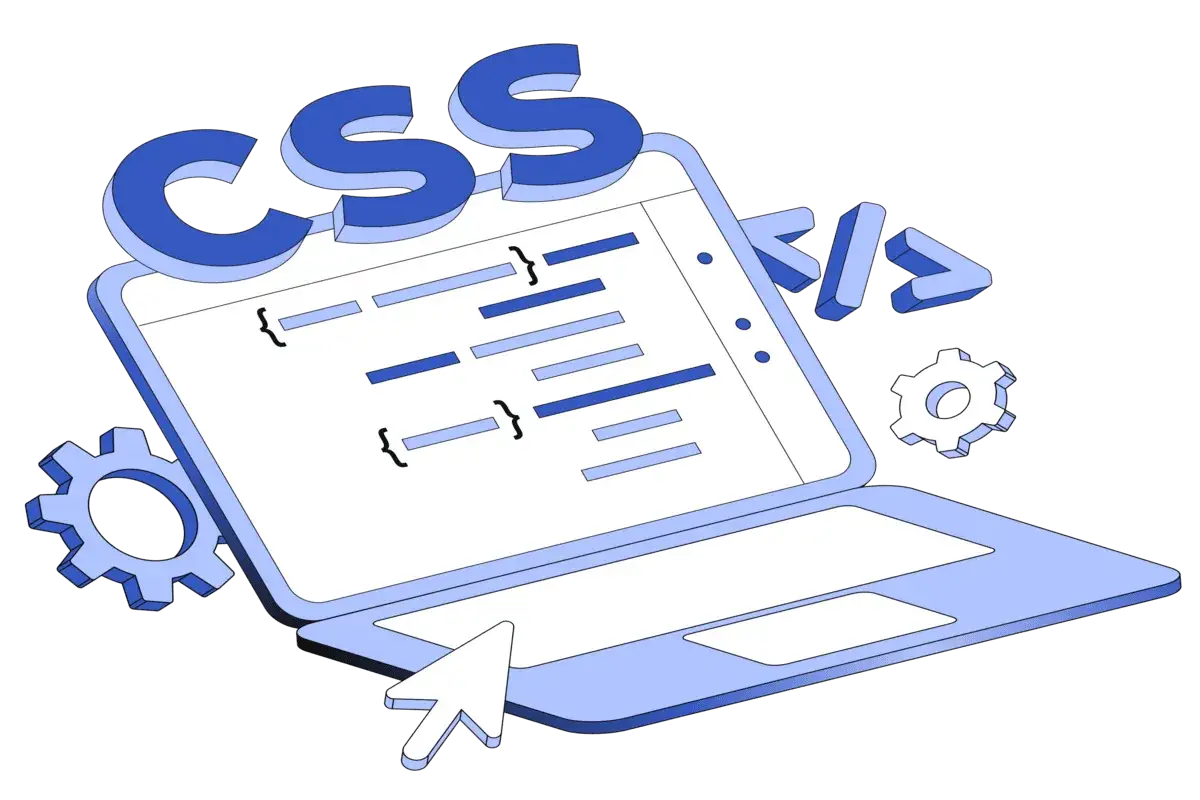 Ilustracja przedstawiająca laptop z kodem CSS, kursorem myszy i ikonami kół zębatych.