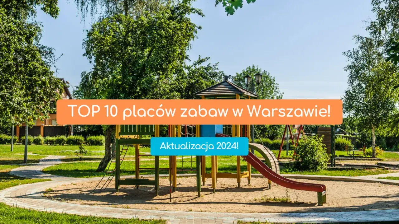 Kolorowy plac zabaw z piaskownicą i zjeżdżalnią, otoczony zielenią.