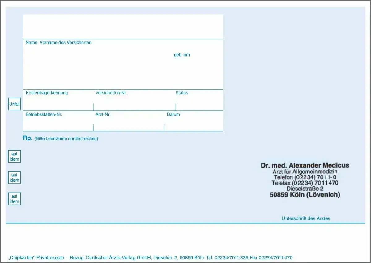 Muster eines Privatrezepts mit Feldern für Patientendaten, Arztadresse und Unterschrift.