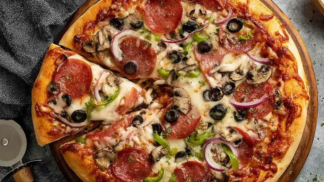 Pyszna pizza z pepperoni, oliwkami, pieczarkami i cebulą, idealna na szybki obiad. Ciasto na proszku do pieczenia sprawia, że jest puszyste i chrupiące.