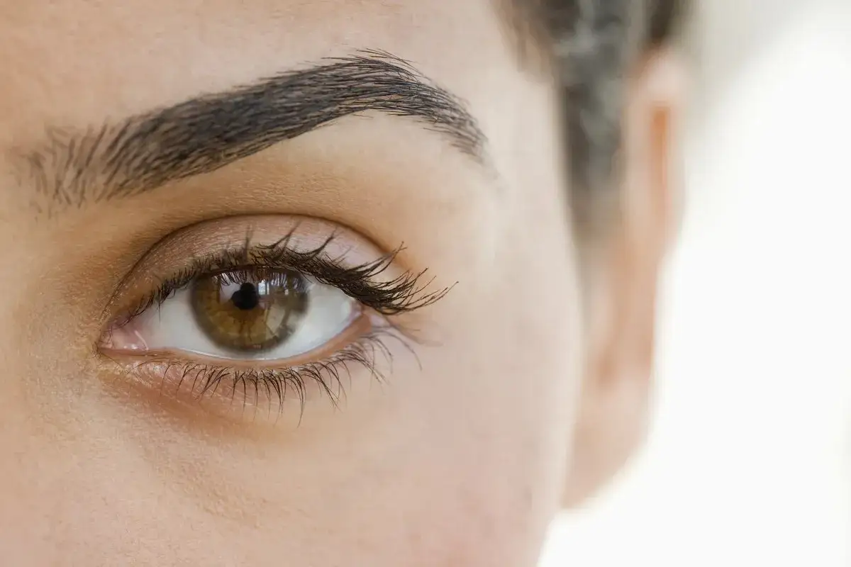 Zbliżenie na oko z pięknymi, naturalnie wyglądającymi brwiami po zabiegu microblading brwi.
