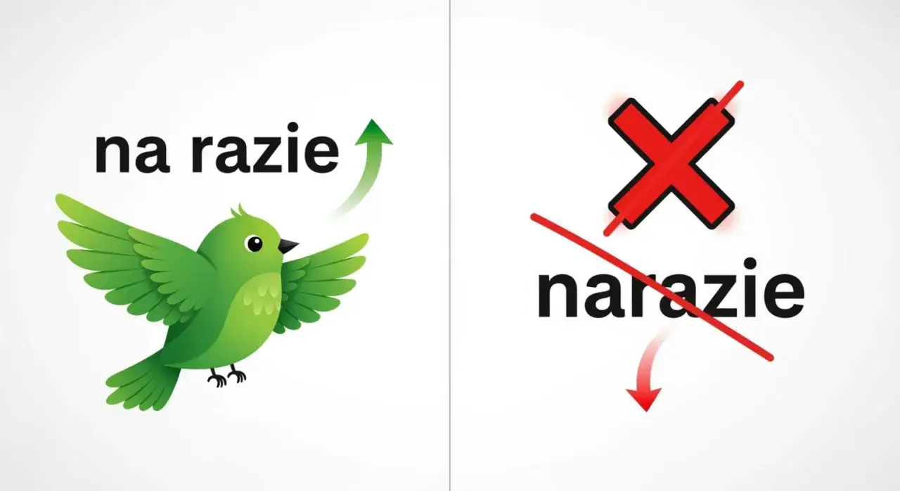 Zielony ptaszek z napisem "na razie" symbolizuje postęp. Obok czerwony krzyżyk przekreśla "narazie", pokazując błąd.