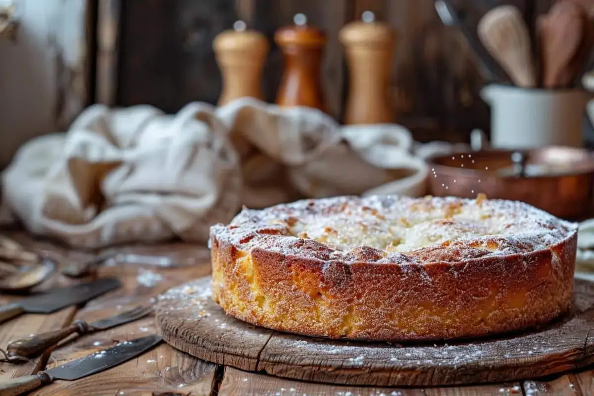 Un délicieux gâteau sablé breton, saupoudré de sucre glace, repose sur une planche en bois. Des couverts anciens et des moulins à poivre sont disposés autour.