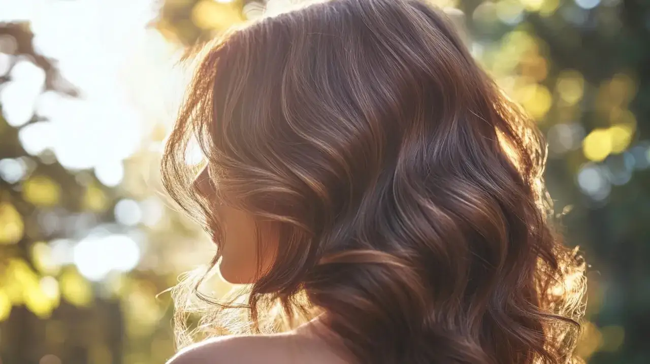Cabello castaño brillante con reflejos dorados, como si se hubiera aplicado miel.