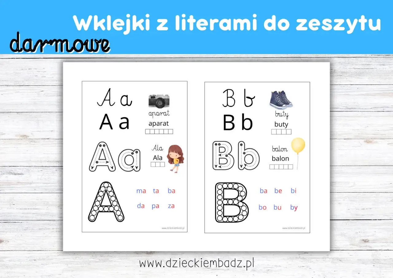 Darmowe wklejki do zeszytu litery do druku: Aa z aparatem i Ala, Bb z butami i balonem.