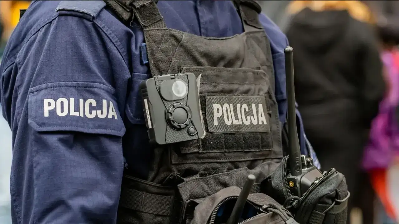 Policjant w kamizelce taktycznej z kamerą nasobną i radiotelefonem. Zastanawiasz się, ile zarabia ochroniarz netto?
