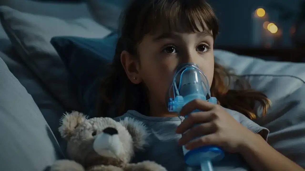 Dziewczynka z misiem robiąca inhalację nebulizatorem.