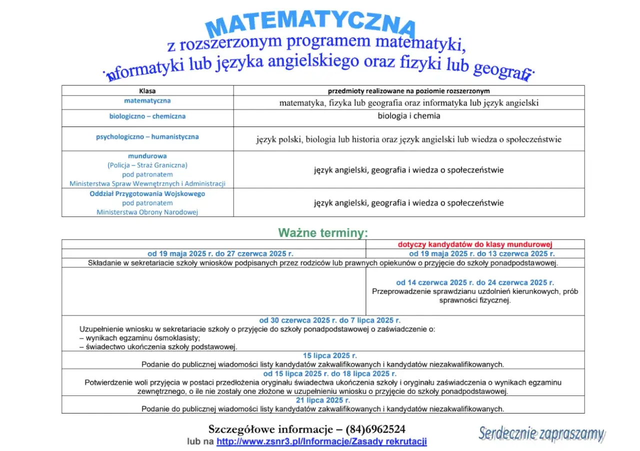 Tabela z kategoriami wiekowymi P Z J, przedmiotami i ważnymi terminami rekrutacji do klas mundurowych i ogólnodostępnych.