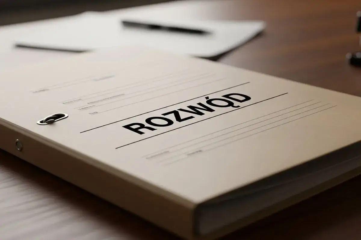 Segregator z napisem "ROZWÓD" na biurku, sugerujący przygotowanie pozwu rozwodowego online.