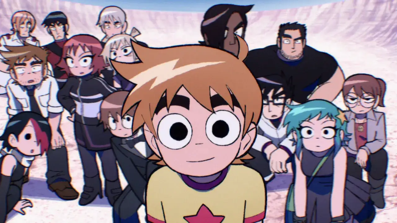 Scott Pilgrim zaskakuje! Grupa przyjaciół o wielkich oczach i charakterystycznych fryzurach patrzy w stronę widza, tworząc dynamiczną scenę.