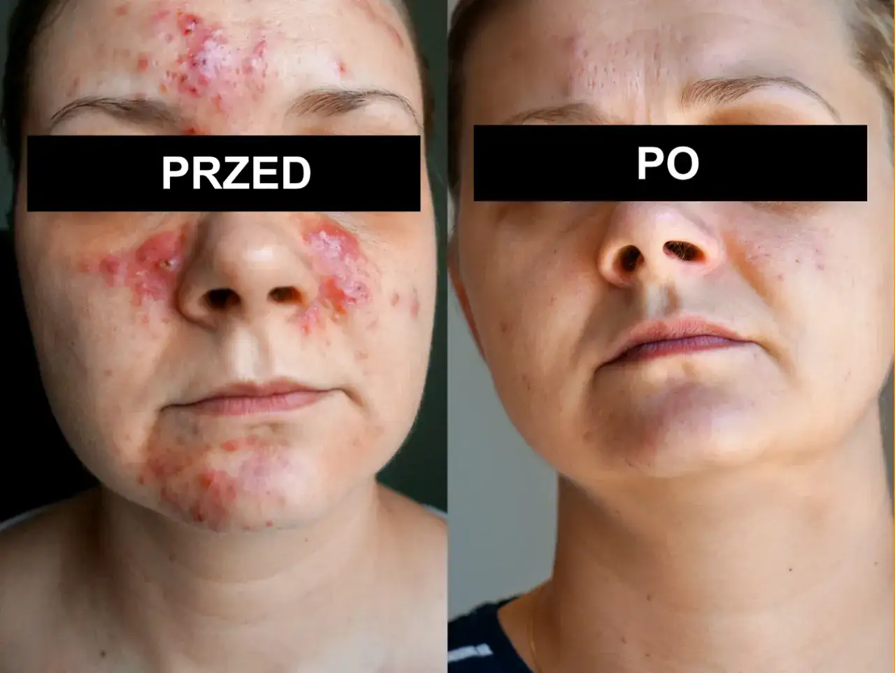 Przed i po: skóra z problemami, widoczne zmiany zapalne, a następnie wygładzona po zastosowaniu kremu na nużeńca.