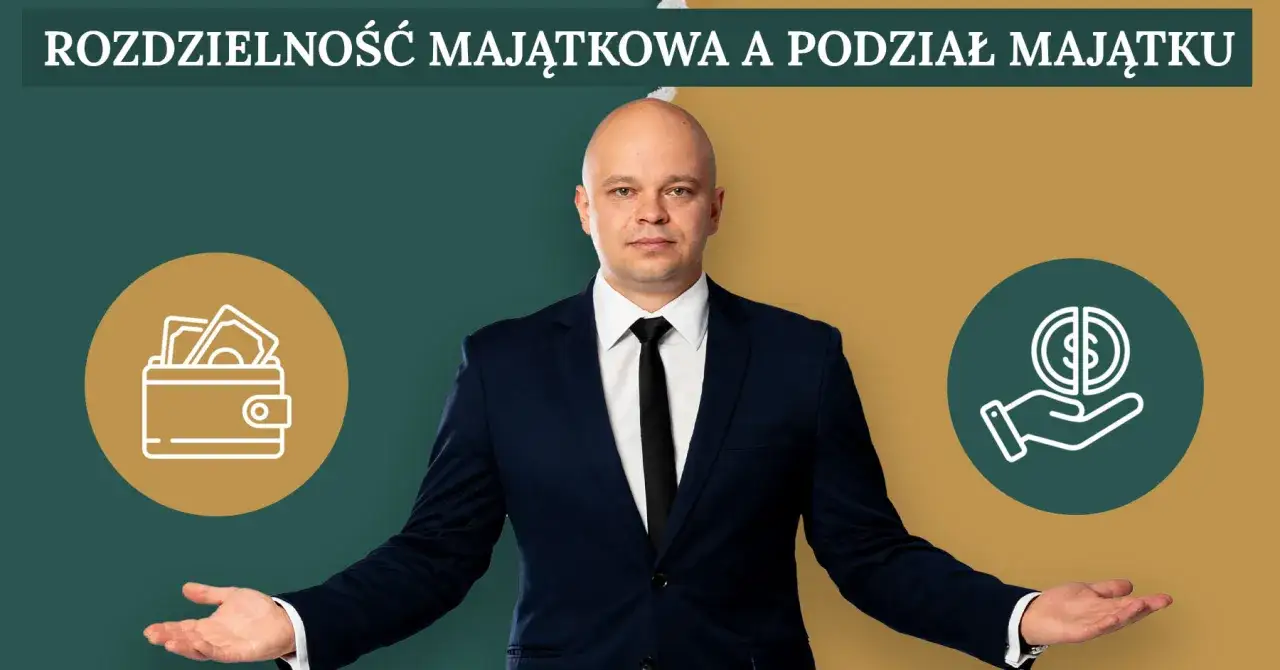 Mężczyzna w garniturze prezentuje symbole portfela i dłoni z monetą, sugerując rozdzielność majątkową i podział majątku.