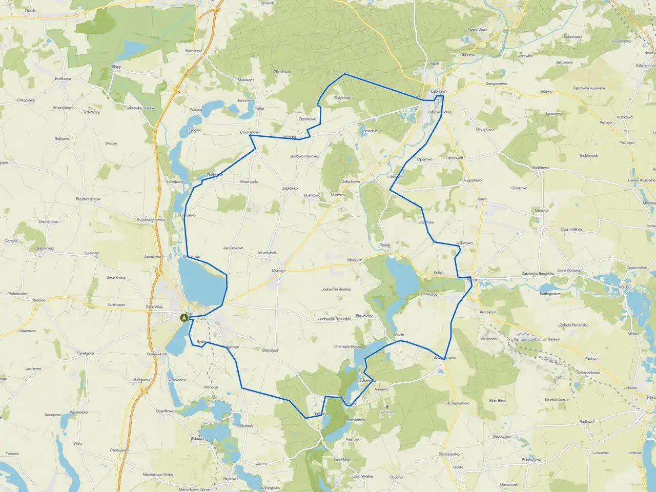 Malownicza mapa z zaznaczonymi trasami rowerowymi Kujawsko-Pomorskiego. Idealna do planowania aktywnego wypoczynku na łonie natury.