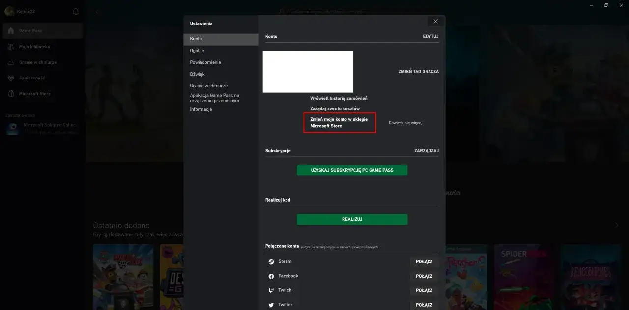 Ustawienia konta Xbox, opcja "Zmień moje konto w sklepie Microsoft Store" sugeruje możliwości związane z xbox game pass współdzielenie konta.