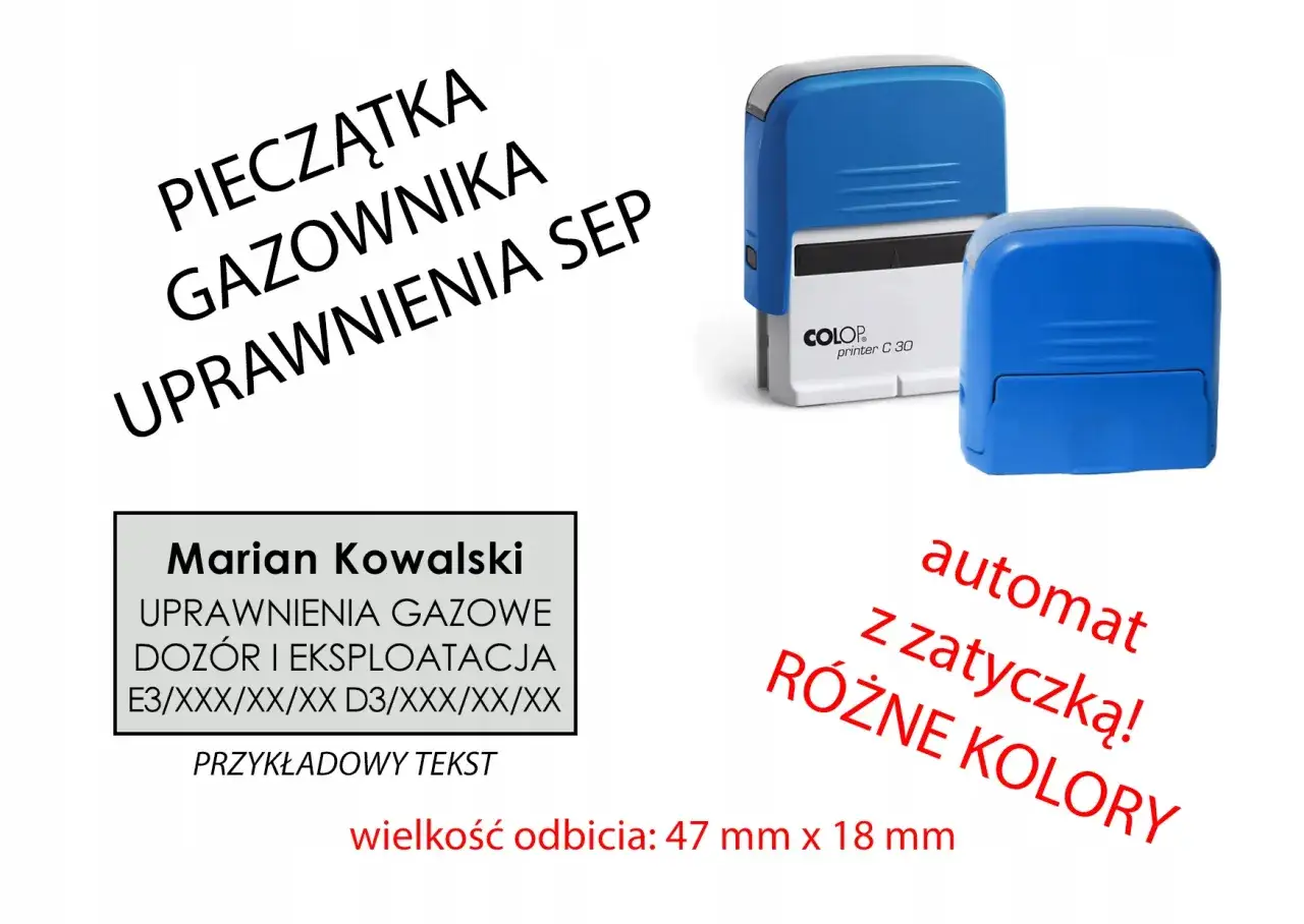 Pieczątka gazownika, pieczątki COLOP, przykładowy tekst i wymiary.