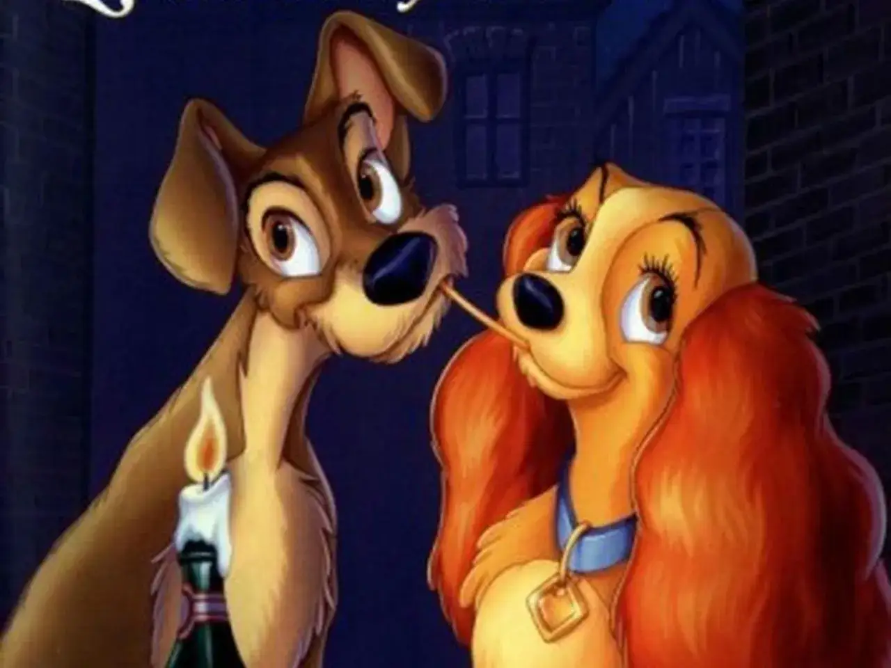 Romantyczna scena z Psim sercem, idealna do rankingu bajek Disneya. Lady i Tramp dzielą spaghetti przy świecy.