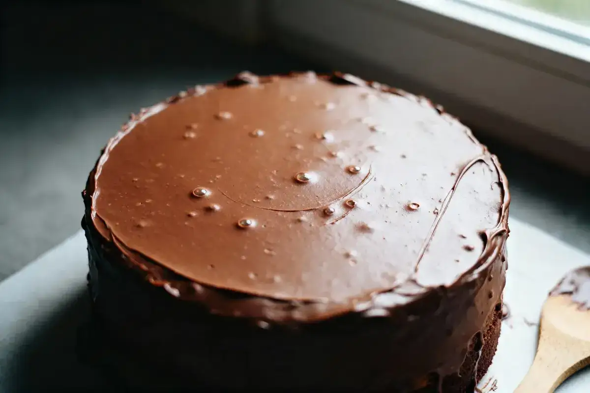 Gâteau rond recouvert d'un glacage chocolat noir brillant, avec quelques bulles d'air.